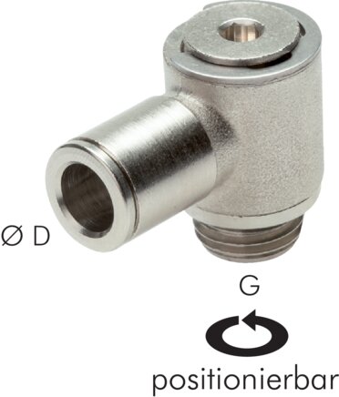 Exemplary representation: Push-in L-fitting with cylindrical thread, compact design, nickel-plated brass